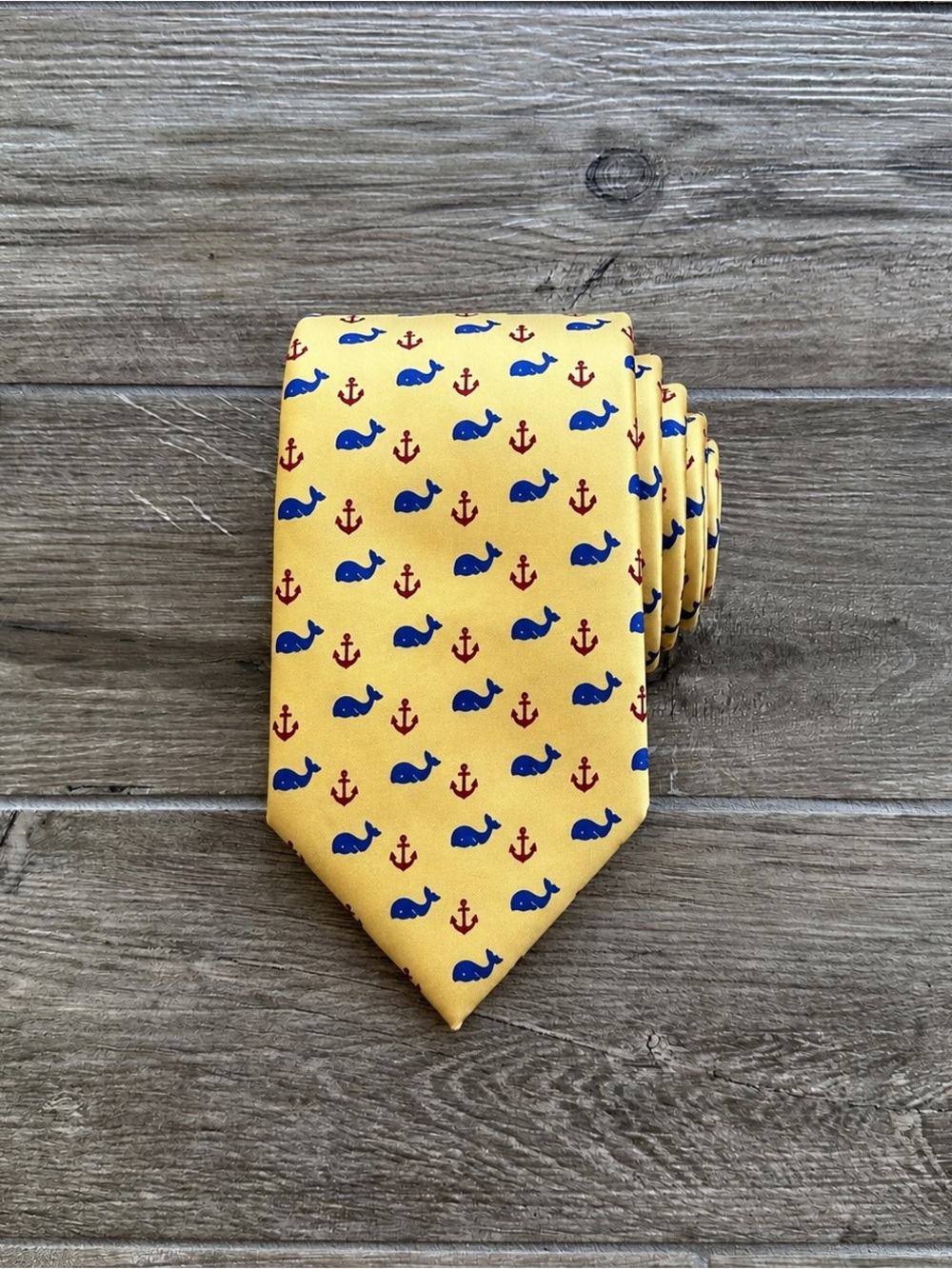 Ralph Lauren Yellow Tie with Blue Whale and Red Anchor Pattern 100% Silk